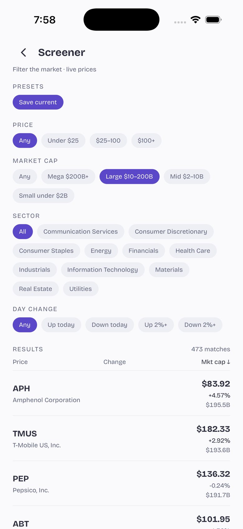 App screen from market practice: the screener with a market-cap filter applied, showing matches sorted by market cap